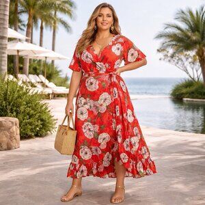 Asos Curve Maxi Dress Size 18 Floral Ruffle Wrap Resort Vacation Garden Party